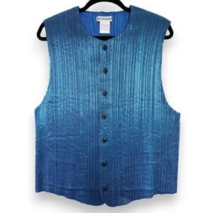 Vtg Issey Miyake Men Vest L Blue Iridescent Waistcoat Plisse Tailor Pleats Homme